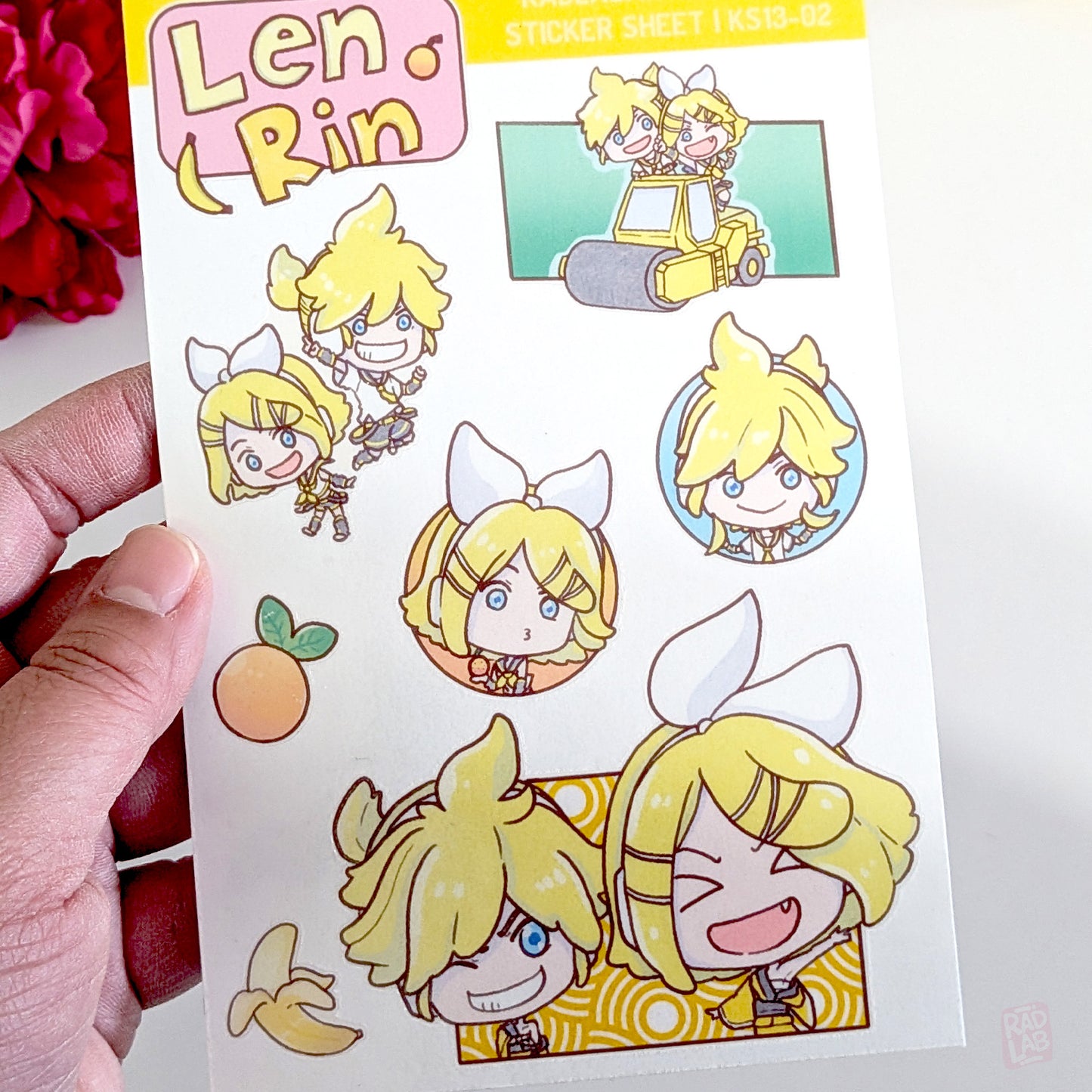 Close Up Kawaii Len and Rin waterproof vinyl sticker sheet in chibi anime style
