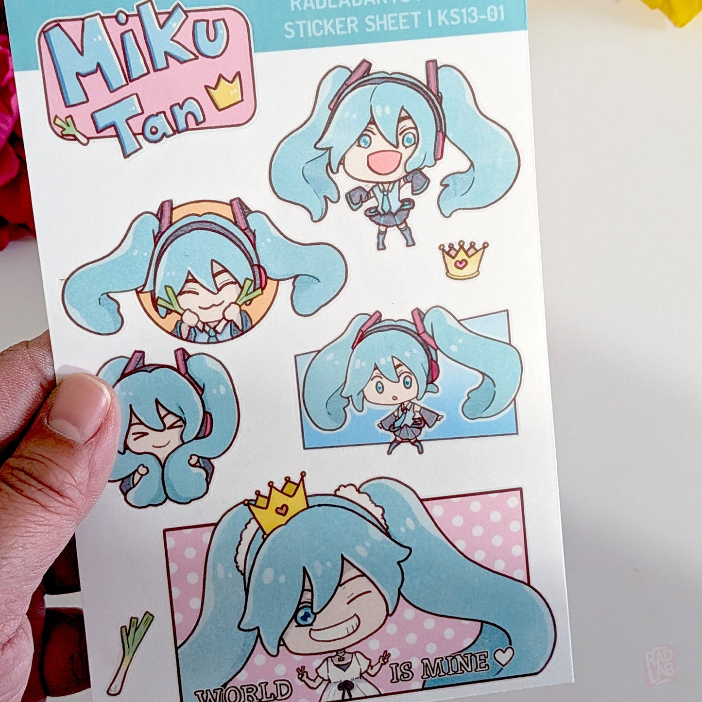 Close up Kawaii Hatsune Miku waterproof vinyl sticker sheet in pastel chibi style