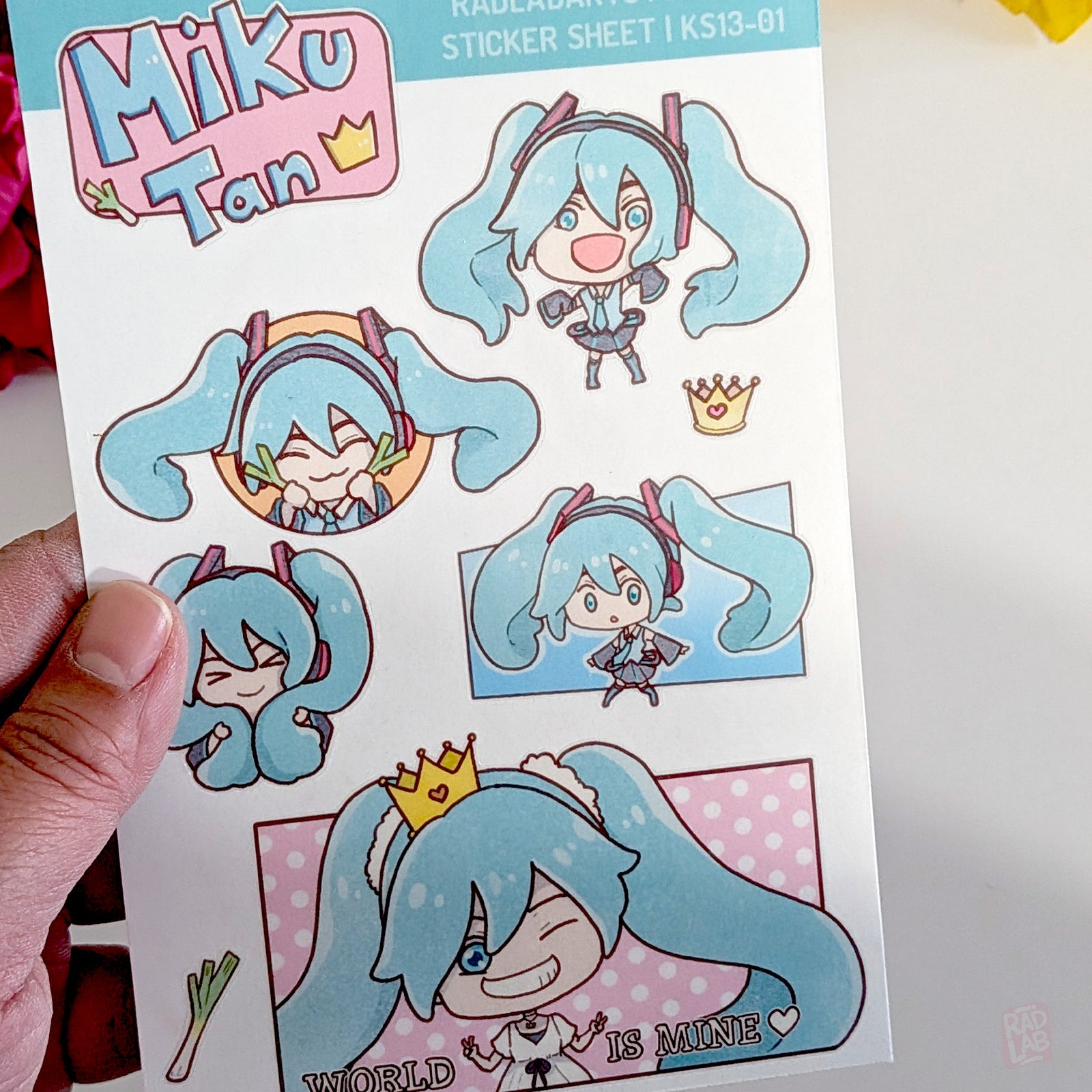 Close up Kawaii Hatsune Miku waterproof vinyl sticker sheet in pastel chibi style