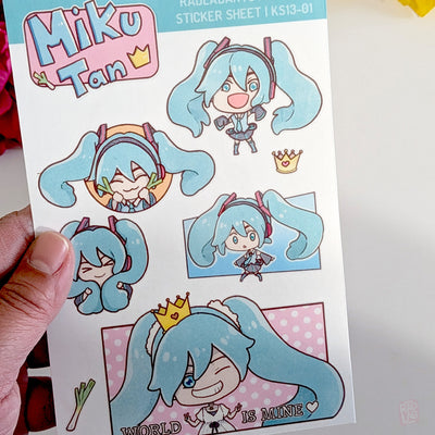 Close up Kawaii Hatsune Miku waterproof vinyl sticker sheet in pastel chibi style
