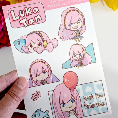 Close Up Kawaii Luka Megurine waterproof vinyl sticker sheet in pastel anime style