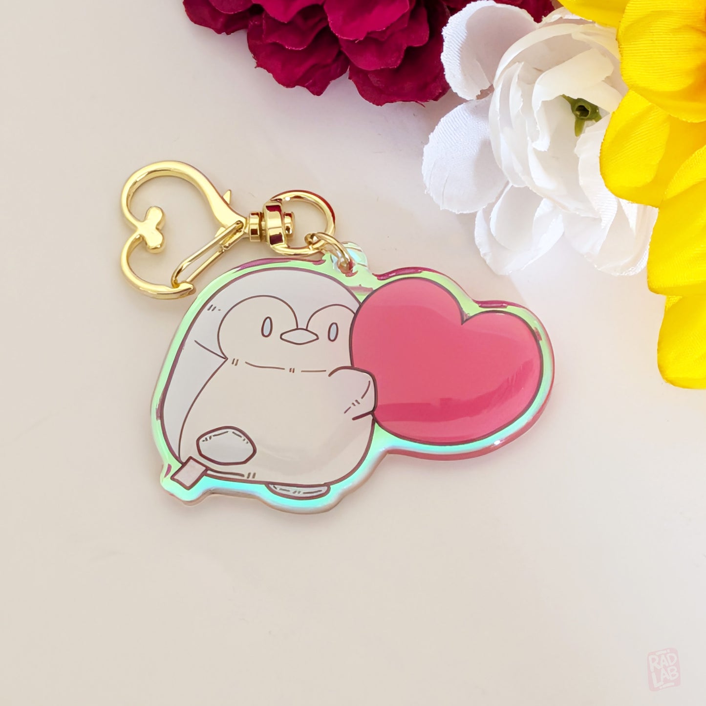 Single Kawaii Mingoo penguin couples acrylic keychain set with heart shaped matching design