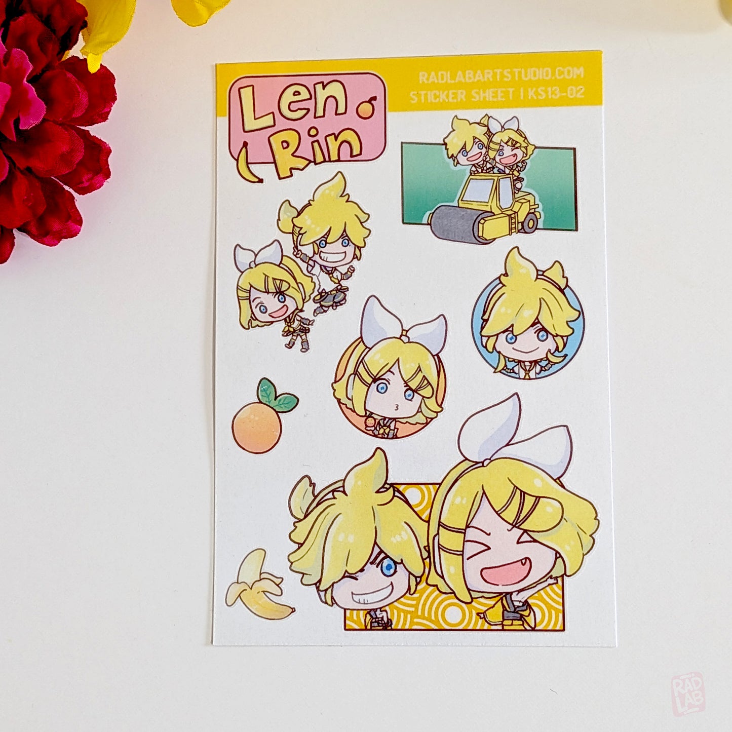 Kawaii Len and Rin waterproof vinyl sticker sheet in chibi anime style