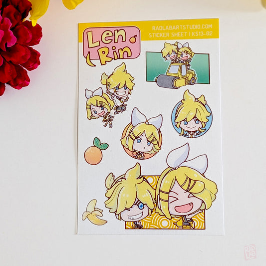 Kawaii Len and Rin waterproof vinyl sticker sheet in chibi anime style