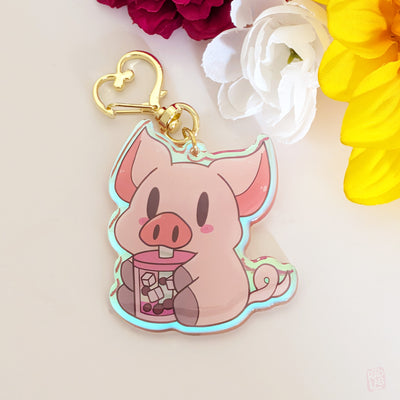  Cute pig drinking pink bubble tea rainbow holographic acrylic charm