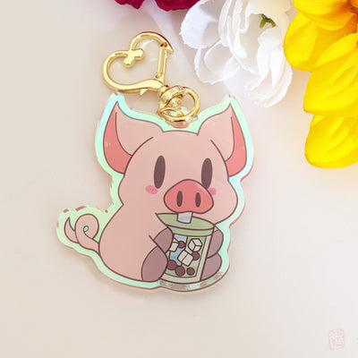 Cute pig drinking green bubble tea rainbow holographic acrylic charm