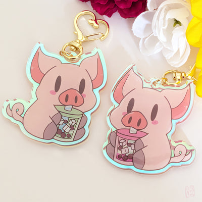 Cute pig drinking bubble tea rainbow holographic acrylic charm