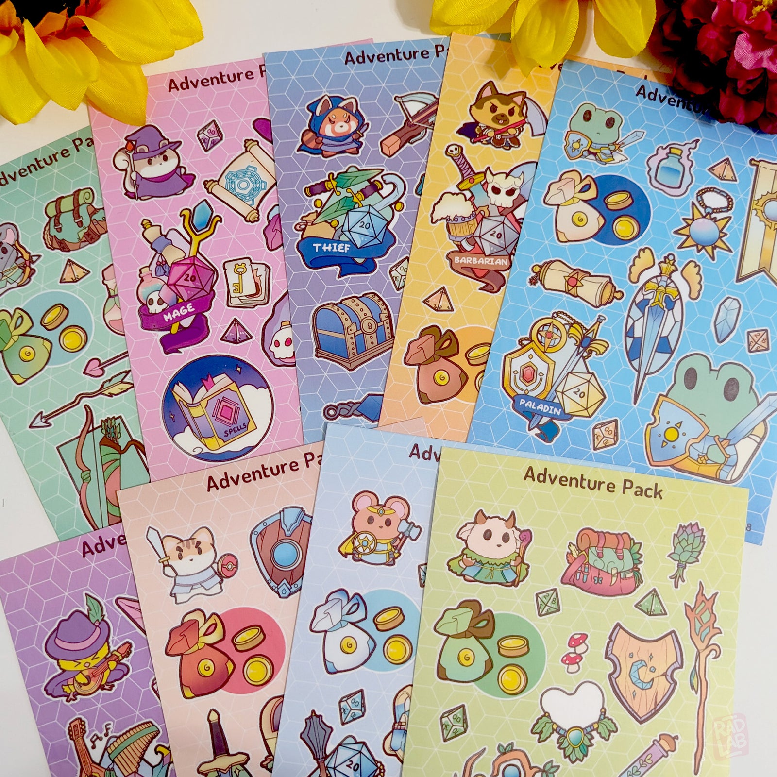 Collection of 9 tabletop RPG kawaii animal waterproof vinyl sticker sheets