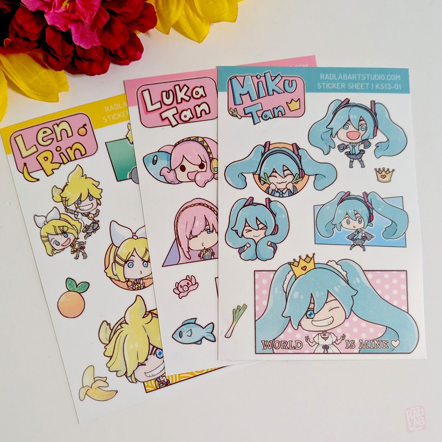 Bundle of 3 kawaii Vocaloid waterproof vinyl sticker sheets featuring Hatsune Miku, Luka, Len, and Rin