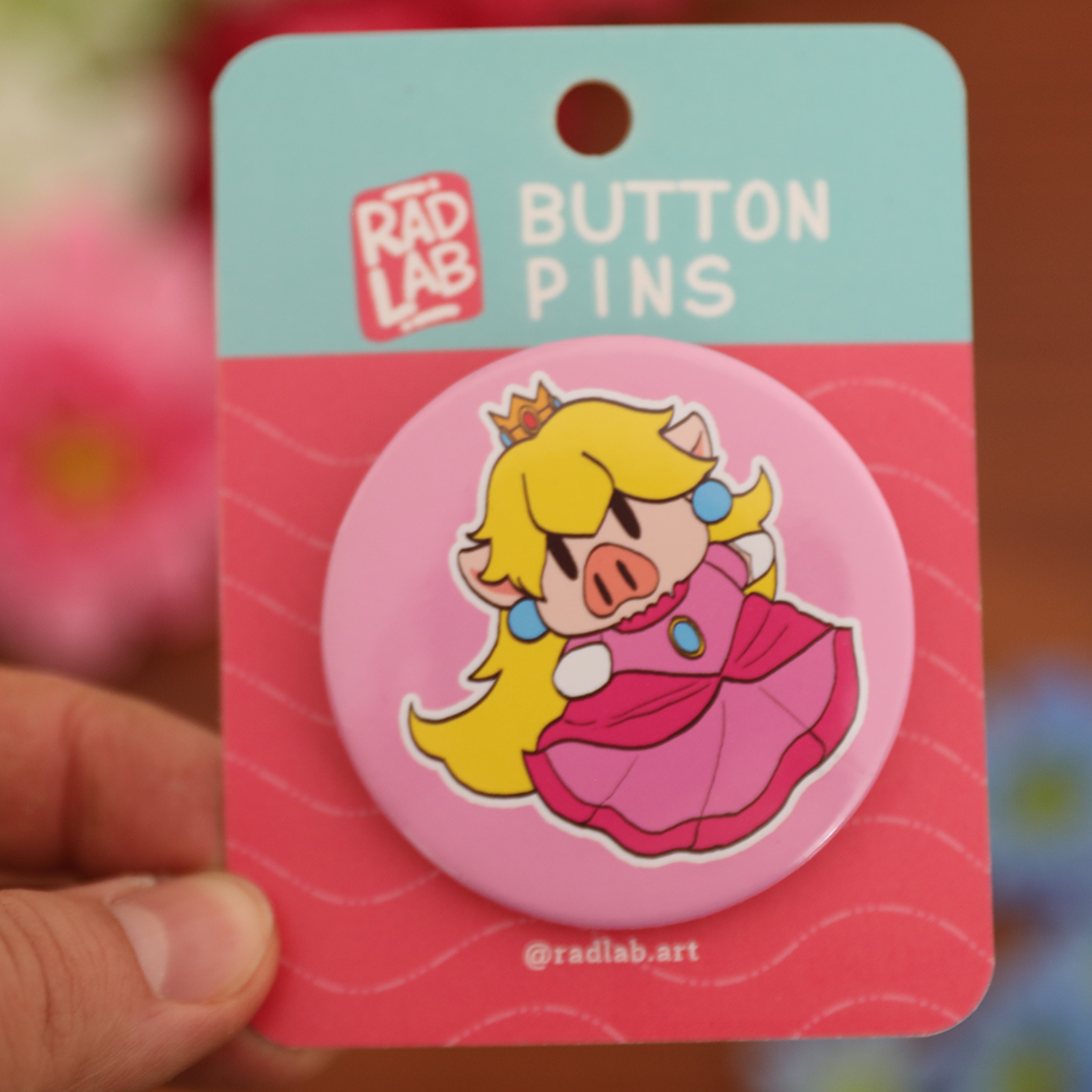 Button Pin | Lab Pig Princess Super Peach | 2.28 inches