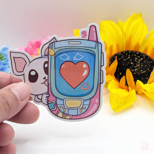 Cartoon dog vinyl sticker holding a phone with a heart on the screen