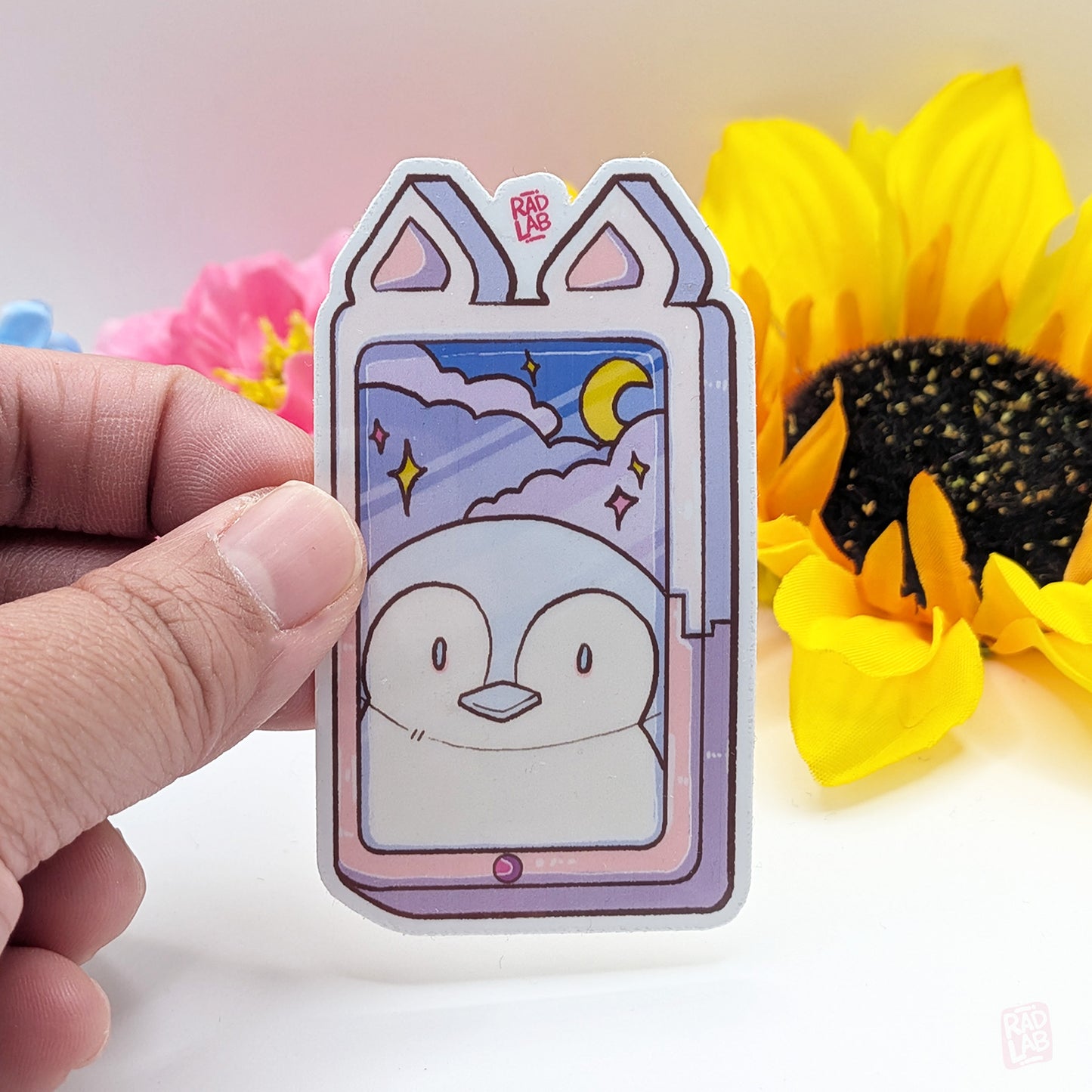 Phone with Penguin Selfie and Night Sky Wallpaper vinyl sticker